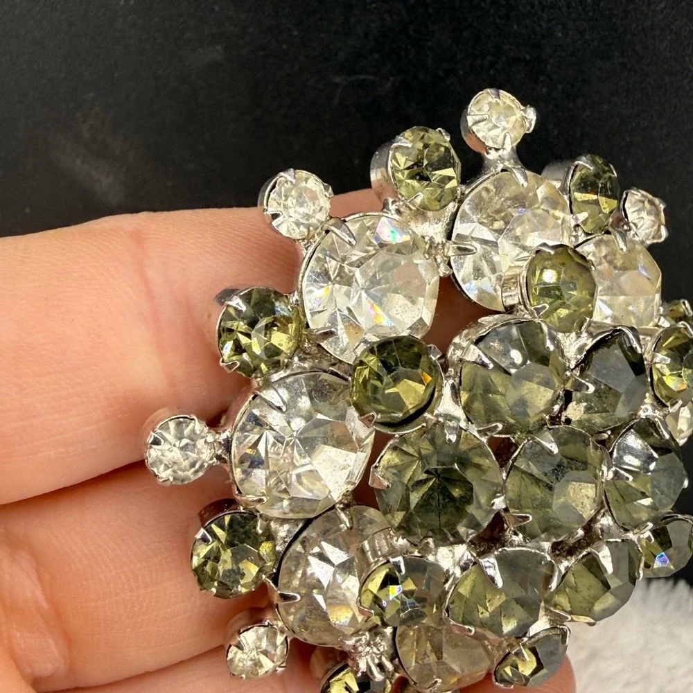 Vintage Rhinestone Brooch Olive Green Clear Sunburst Silver Tone